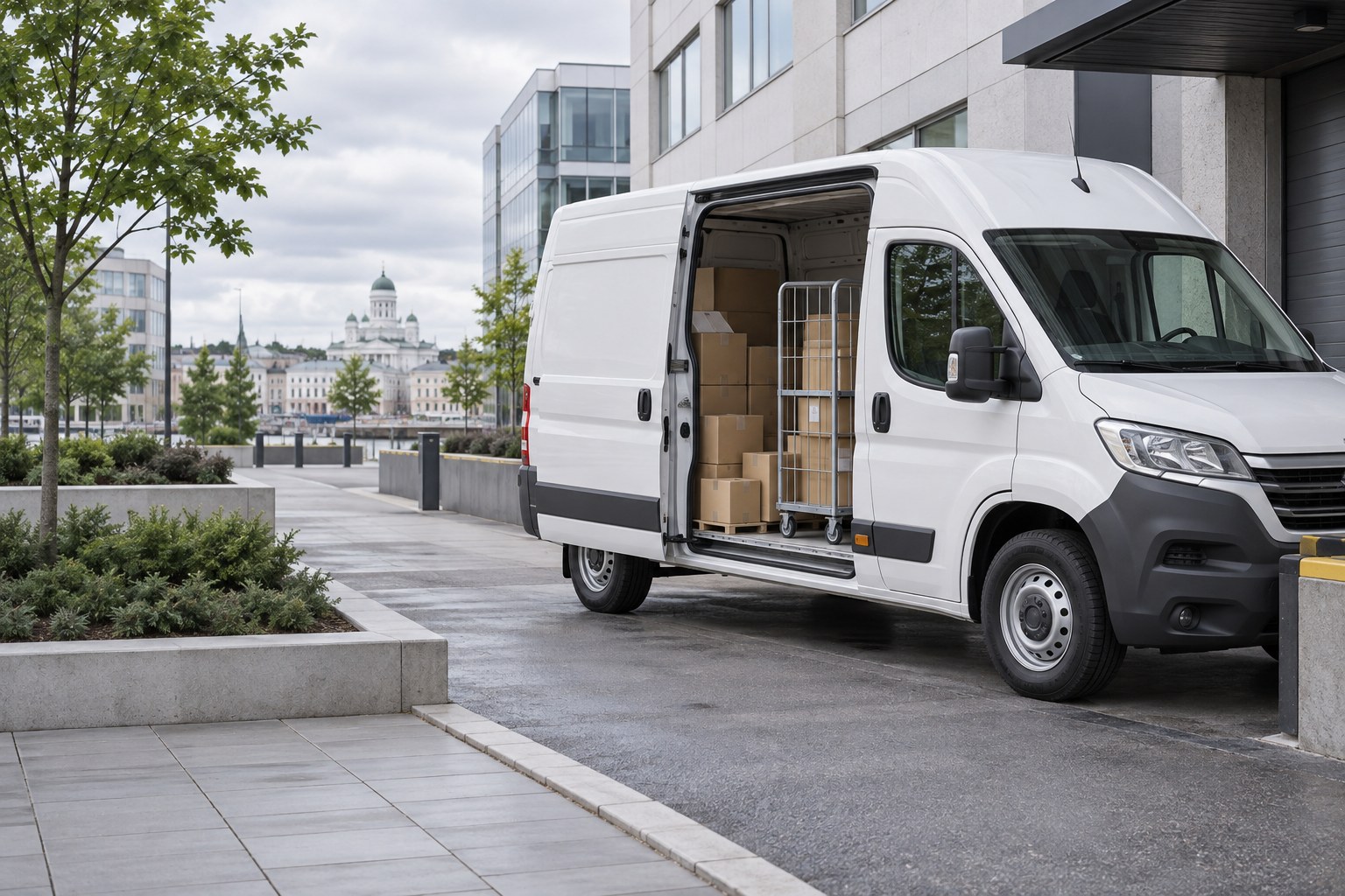 Valkoinen jakeluauto kaupunkialueen lastauspaikalla