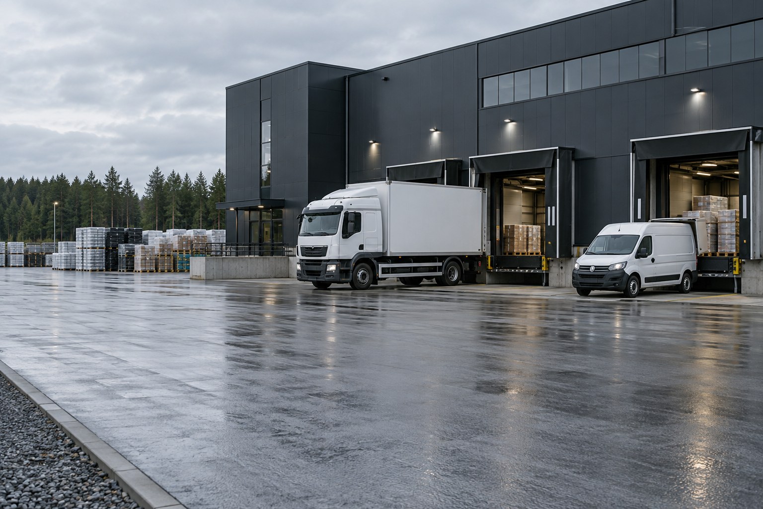 Pakettiauto ja kuorma-auto suomalaisen logistiikkaterminaalin pihassa