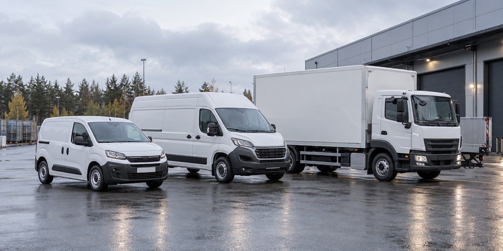 Pieni pakettiauto, korkea pakettiauto ja umpikori-kuorma-auto logistiikkapihassa