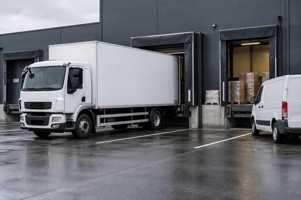 Kuorma-auto ja pakettiauto terminaalin lastauslaiturilla