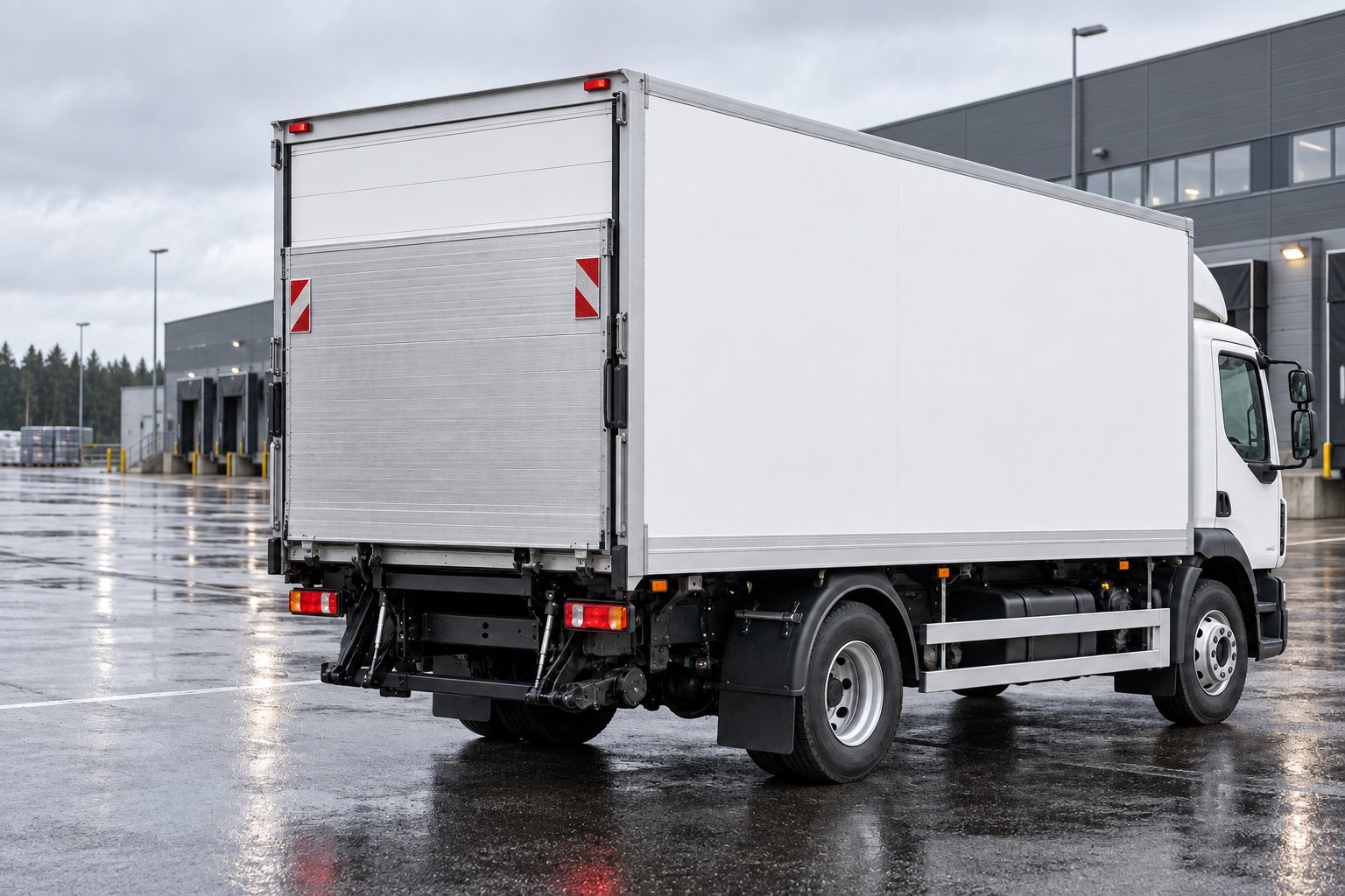 Valkoinen 5 tonnin kuorma-auto logistiikkaterminaalin pihassa